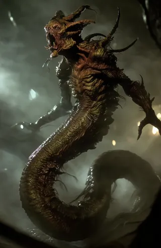 Biomechanical serpentine creature with rough textured scales, twisted horns, and human-like eyes in a dark misty environment, illuminated by eerie atmospheric lighting.