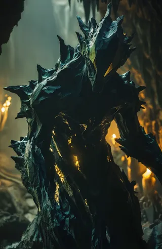 A dark green and black creature with sharp jagged stone-like edges, illuminated by golden yellow light from the eyes and chest, standing in a dimly lit cave with lanterns.