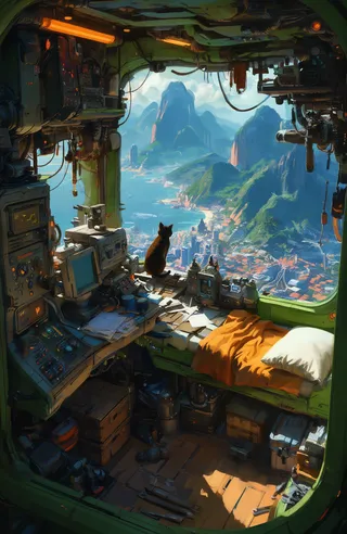 A cluttered futuristic cockpit with various gadgets and personal items, featuring a cat looking out a large window showing a panoramic view of a vibrant coastal city and green mountainous landscape.
