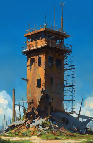 Digital painting of a rusted and dilapidated control tower standing in an abandoned industrial area under a bright blue sky with scattered white clouds. The tower shows heavy rust and peeling paint with broken windows and scaffolding attached.