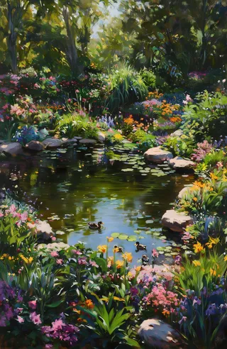 Vibrant oil painting of a colorful garden featuring a reflective pond with ducklings, surrounded by lush greenery, blooming flowers, and lily pads under dappled sunlight.