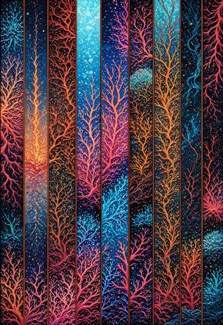Watercolor and sketch style vertical columns featuring coral branches in coral and french-lilac tones with glitch art effects against a dark blue underground dungeon background.