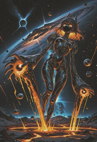 A futuristic robotic cyborg figure on a lava planet pouring molten metallic-gold lava from elongated hands, set against a detailed space nebula with floating asteroids and a decaying planet in the background.
