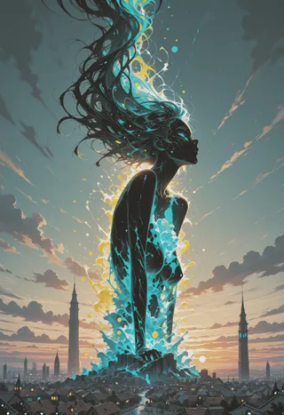 Silhouette of a female character with flowing hair, surrounded by neon teal-blue and lemon-glacier ink splashes, rising from a medieval cityscape at sunset with cloudy sky and towers.
