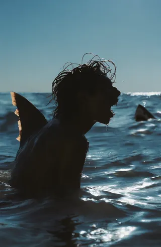 Silhouetted person kneeling in shallow ocean water with wet tousled hair and a shark fin protruding from their back, rim-lit by sunlight reflecting on water, with a distant shark silhouette and question mark.