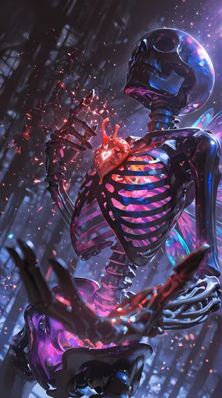 A highly detailed digital artwork of a black skeleton with a glowing red anatomical heart, vibrant colorful particles surrounding it, and translucent fantasy wings, posed dynamically with light rays and motion blur effects.