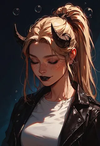 Portrait of a blonde girl with devil horns and freckles, wearing black lipstick and a leather jacket, smiling with closed eyes against a dark blue background with bubbles.