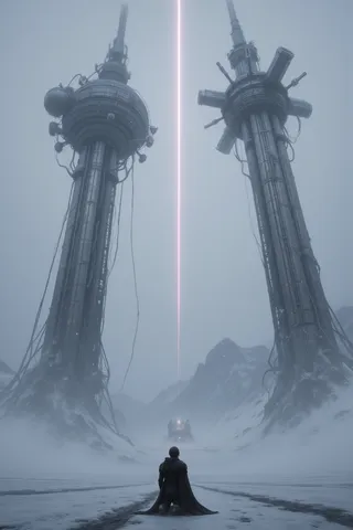 A digital illustration featuring two towering futuristic metallic structures emitting ethereal light, set in a vast snow-covered landscape with a person kneeling contemplatively in the foreground under a misty sky.