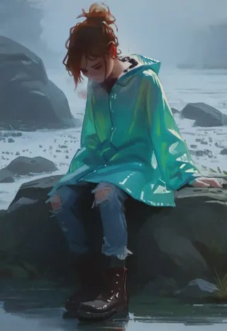 A slender woman with brown messy hair in a ponytail, wearing a shiny teal raincoat, torn jeans, and leather boots, sitting on a large rock near a misty river bank with visible breath in cold air.