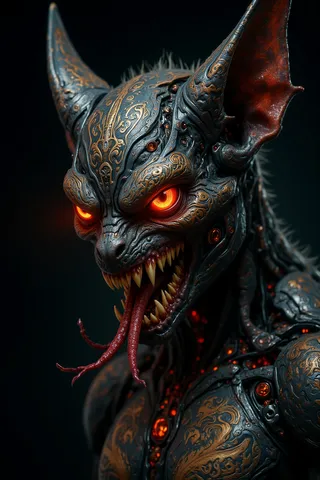 A detailed bio-mechanical demon with glowing amber eyes, intricate golden patterns on dark metallic skin, bat-like ears, and long venomous fangs, set against a dark background.