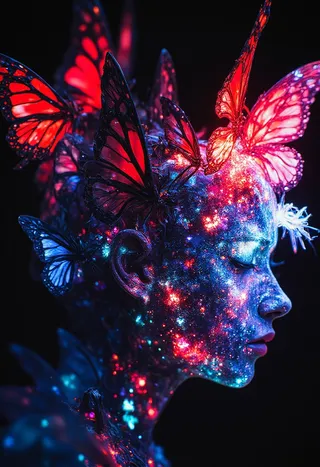 A surreal vivid portrait of a face with galaxy-like skin texture, illuminated by glowing red and blue fractal butterflies in dramatic lighting.