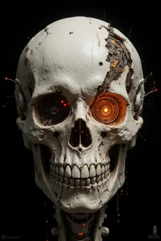 High-resolution 3D render of a white skull with exposed internal circuitry and glowing orange mechanical components against a dark background.