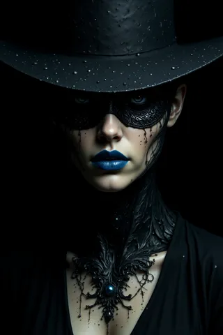Digital artwork of a mysterious figure wearing a textured wide-brimmed black hat and an intricate black mask, featuring striking blue lips and dark background.