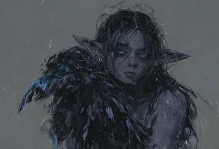A dark fantasy themed portrait of a black-haired elf girl with pointy ears, blue eyes, freckles, and multiple piercings, surrounded by large dark feathers.