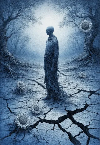 A solitary figure stands on cracked earth surrounded by sunflowers and barren trees, rendered in dense blue scratchboard linework.