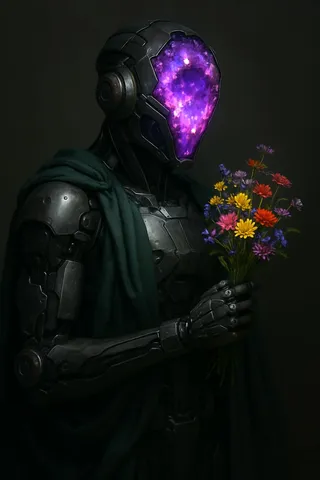 A hyper-realistic cyberpunk robotic sentinel with a bursting purple crystal geode head, draped in dark green fabric, holding a bouquet of multicolored flowers.