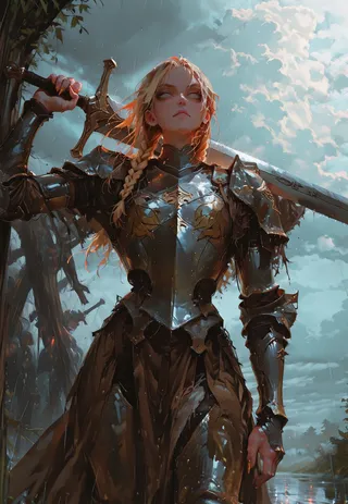 A noble blonde female knight with green eyes and braided hair wearing shiny, dirty metal armor, holding a huge sword over her shoulder amidst rain and cloudy skies.