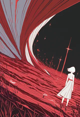 A glowing girl with white hair and white dress stands off-center on a red, textured landscape with a black sky, featuring abstract and cubism-inspired artistic styles.