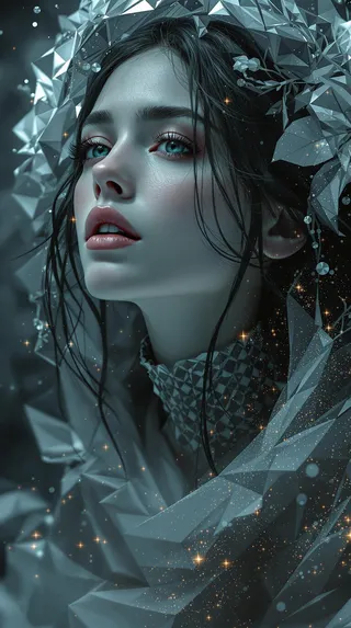 Close-up of a beautiful young woman with blue eyes surrounded by blue geometric shapes and sparkling light effects, designed as a melancholic progressive opera rock album cover.