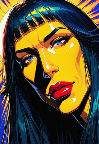 Close-up pop art illustration of a Japanese girl with straight black hair, blue eyes, red lips, half in shadow with dramatic lighting in the style of Andy Warhol