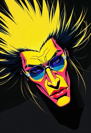 Pop art style portrait with bold yellow, pink, and black colors, featuring a stylized face wearing blue sunglasses against a simple black backdrop.