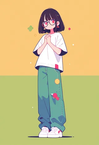 Full-body anime-style illustration of a young girl with short dark hair and glasses, wearing a white oversized t-shirt and baggy green jeans with colorful patches, standing shyly with hands clasped.