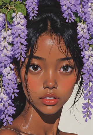 Portrait of a black woman surrounded by delicate purple wisteria blossoms, detailed face with serene expression and natural beauty in a realistic style.