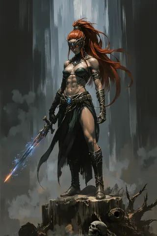A fierce female warrior with long red hair stands on a tree stump in a dark forest, holding a glowing magical sword.