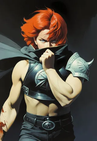 Muscular red-haired warrior with blue eyes, wearing leather armor and a spiked shoulder pad, partially covering his mouth with a flowing cape against a dark background.