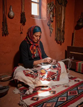Elderly Amazigh woman weaving a vibrant Berber carpet on a traditional vertical loom in a mud-brick Kasbah room, light streaming through a small window.