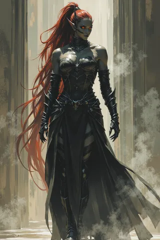 Photorealistic depiction of a Warhammer 40K Drukhari Succubus with dark coal skin, pointed ears, flowing deep red high ponytail, segmented dark armor, and a minimalist biometric headset.