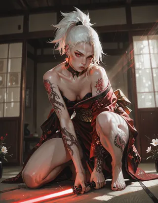 A pale-skinned white-haired female warrior kneeling indoors wearing a dark red kimono with visible tattoos on arms and legs, holding a glowing red lightsaber.