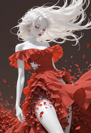 A young woman with long white hair and pale white skin wearing a red off-shoulder ruffled dress that dissolves into red petals, with dynamic wind and a simple dark background.