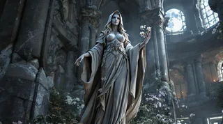 A full-body statue of Dibella, the goddess of beauty from Skyrim, standing in ancient Nordic temple ruins with flowing robes and floral adornments.