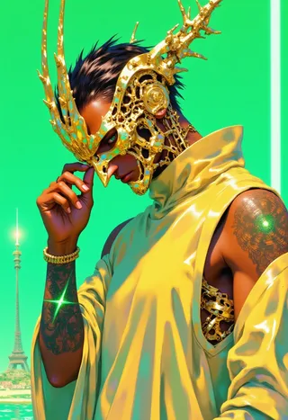 Close-up portrait of a figure wearing an intricate golden mask with horn-like extensions, dressed in a reflective golden robe against a neon green background, displaying a glowing emerald tattoo on the arm.