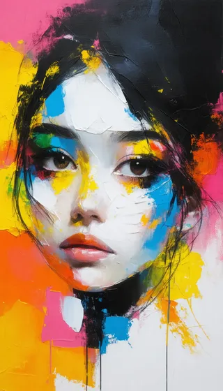 Oil painting of a young teen girl's face with vibrant, colorful palette knife strokes in an abstract style inspired by Alex Andreev, featuring strong contrasts and a mix of bright yellow, blue, pink, orange, and black.