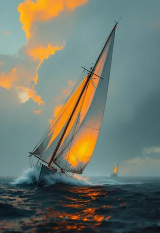 A sailing ship with a tall mast and bright orange reflections on its white sails sailing on a dark, wavy sea under a moody sky with thick clouds.