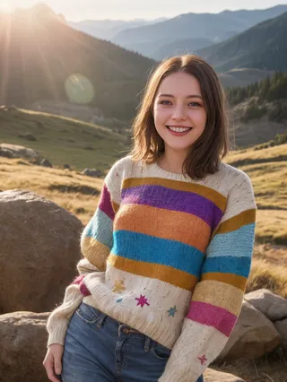 Happy woman wearing a colorful patchwork sweater smiling outdoors in a mountainous landscape with sunlight and lens flare effects.