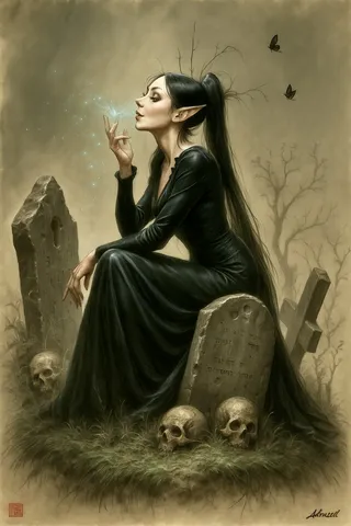A dark elf enchantress with elongated ears and sleek black hair entwined with antler twigs, seated on a mossy tombstone surrounded by skulls and crosses, exhaling glowing cerulean magic in a sepia-toned, chiaroscuro graveyard scene.