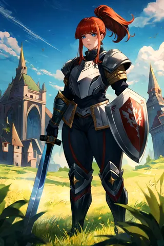 A determined female knight with red hair in a high ponytail wearing black armor stands in a sunlit grassland holding a sword and shield with a fantasy castle in the background under a blue sky.