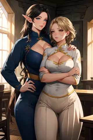 Two mature women standing indoors in a steampunk-style fantasy world, one an elf with long dark braided hair in a blue detailed outfit, the other with short curly blonde hair wearing a white Ao Dai, both with confident poses.