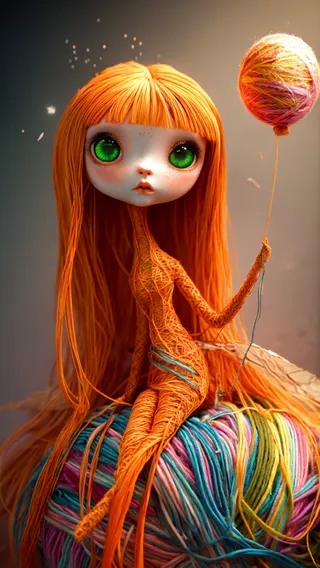 A hyper-realistic doll-like figure made of orange thread with enormous green eyes sits on a colorful ball of yarn, holding a stitched thread balloon.