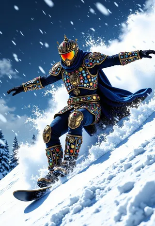 A knight wearing ornate parade armor decorated with colorful gems and intricate metal figurines, snowboarding down a snowy mountain with a flowing blue cape.