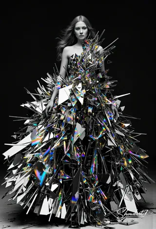 A high-fashion avant-garde evening gown made of sharp, shattered glass shards with rainbow light refractions, worn by a woman in monochrome studio lighting.