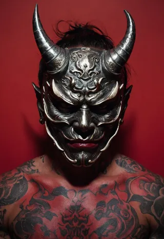 Portrait of a person wearing a metallic horned Oni demon mask with intricate designs, tattoos covering the chest and shoulders, set against a bold red background.