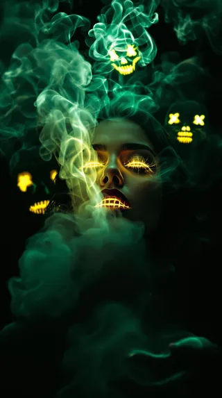 A dark portrait of a woman with glowing gold grillz and neon yellow eyes exhaling smoke that forms ghostly faces in the background.