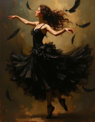 Oil painting of a ballet dancer in a flowing black dress with long curly hair dancing gracefully surrounded by floating black feathers, evoking a Victorian gothic atmosphere.