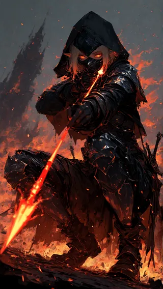 A hooded dark fantasy elf ranger crouching and aiming a glowing fiery arrow in an ashen forest surrounded by burning embers.