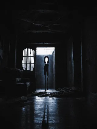 A dark, abandoned cabin interior illuminated by moonlight through a broken window and door with a surreal, long-legged black silhouette figure with white eyes standing inside, reflected on a wet floor.
