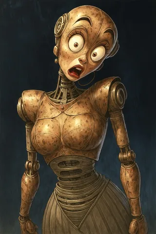 A female steampunk android with aged brass and copper surfaces, wide saucer-like eyes in surprise, detailed mechanical joints, set against a dark textured background.